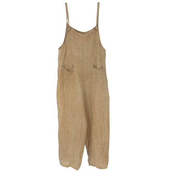 MEO MELI One size LINEN Wide leg Lagenlook Boho Tie Straps Romper Jumpsuit-Tan - Picture 1 of 6